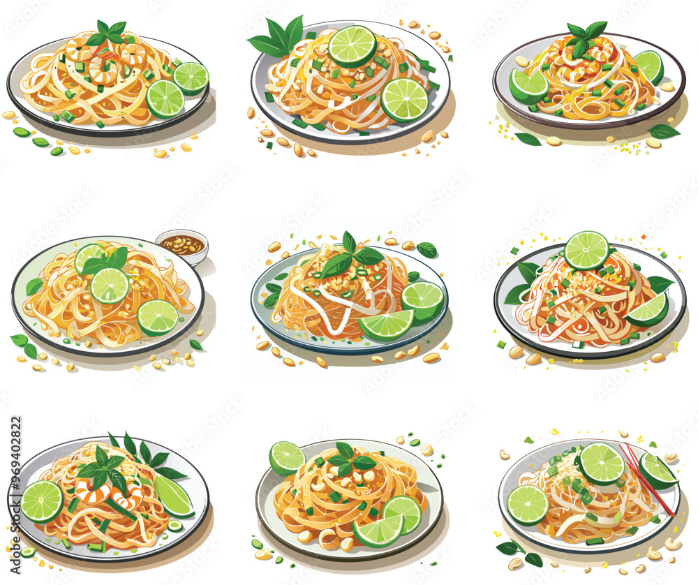 A plate of Pad Thai with lime wedges and peanuts A plate of Pad Thai with lime wedges and peanuts