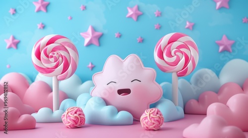 Playful pastel candy landscape with a cheerful cloud character and colorful lollipops surrounded by fluffy pink clouds photo