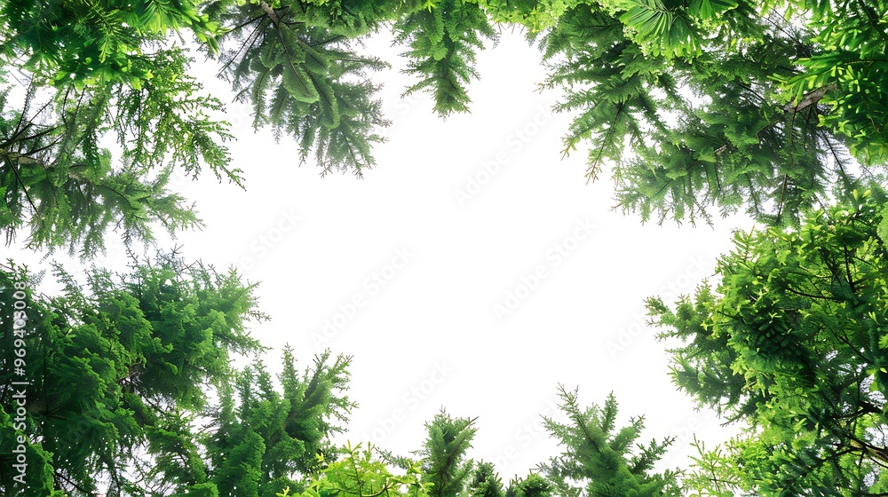 Large greenery needles and branches of trees on upper borders Large greenery needles and branches of trees on upper borders