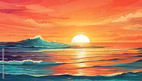 Vector illustration of sunset over ocean with vibrant orange sky 