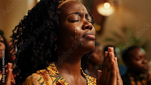 Black woman in a yellow dress is praying with tears on her cheeks, surrounded by others in a warmlite setting.