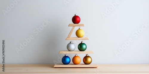 Sapin en bois avec boules multicolores sur étagères triangulaires photo