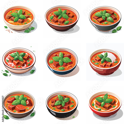 PrintA bowl of red curry with beef and Thai basil