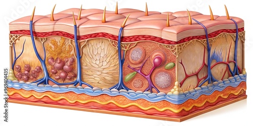 A delicate epidermis envelops a dense dermis replete with sweat glands, blood vessels, and supporting fatty tissue, beneath which lies robust muscle. photo