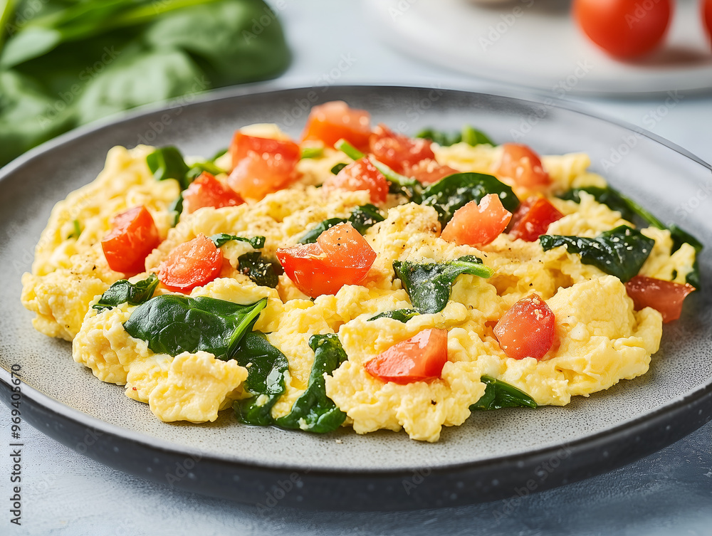 Scrumptious Spinach and Tomato Scrambled Eggs: A close-up of a plate of scrambled eggs with spinach and tomatoes, a simple and delicious breakfast or brunch option. Scrumptious Spinach and Tomato Scrambled Eggs: A close-up of a plate of scrambled eggs with spinach and tomatoes, a simple and delicious breakfast or brunch option.