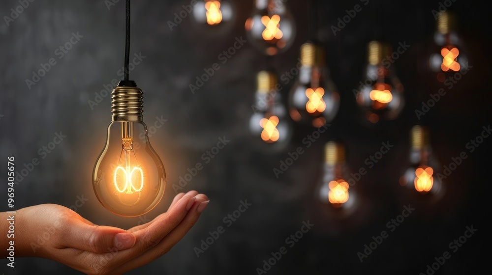 A hand holds an illuminated light bulb against a dark backdrop featuring glowing decorative bulbs in a cozy setting at night A hand holds an illuminated light bulb against a dark backdrop featuring glowing decorative bulbs in a cozy setting at night
