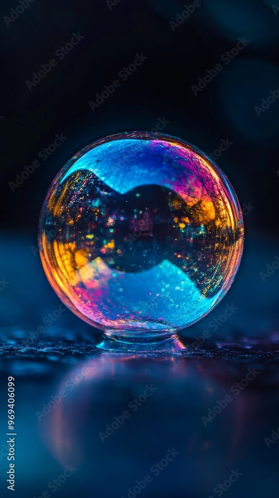 Colorful soap bubble on a dark reflective Colorful soap bubble on a dark reflective