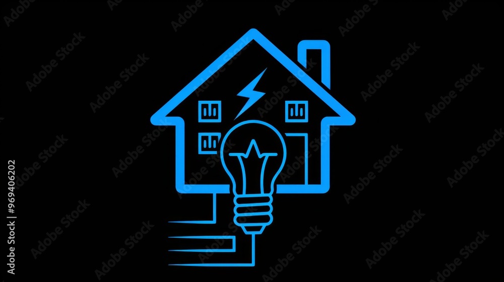 A glowing light bulb inside a simple house outline with a lightning bolt, representing energy efficiency in home design A glowing light bulb inside a simple house outline with a lightning bolt, representing energy efficiency in home design