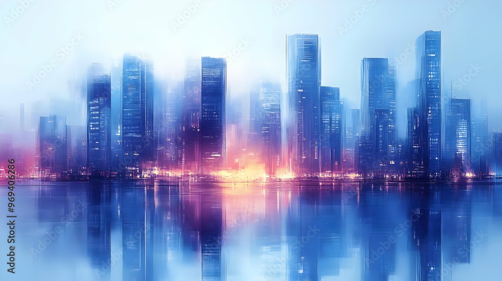 A misty skyline reflecting on water, showcasing modern skyscrapers in a serene atmosphere. A misty skyline reflecting on water, showcasing modern skyscrapers in a serene atmosphere.