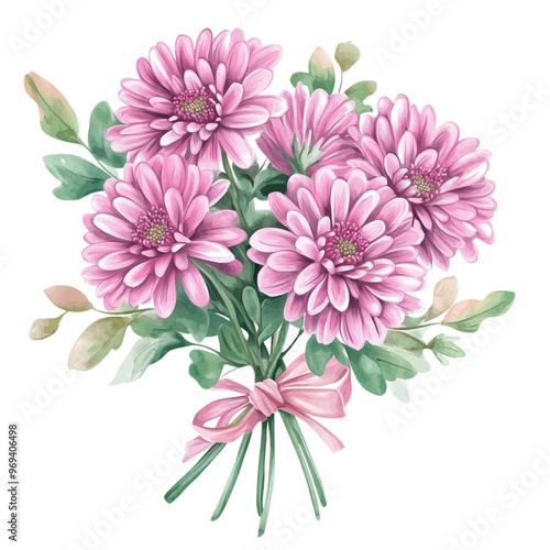 Pink chrysanthemum bouquet, watercolor, transparent background illustration