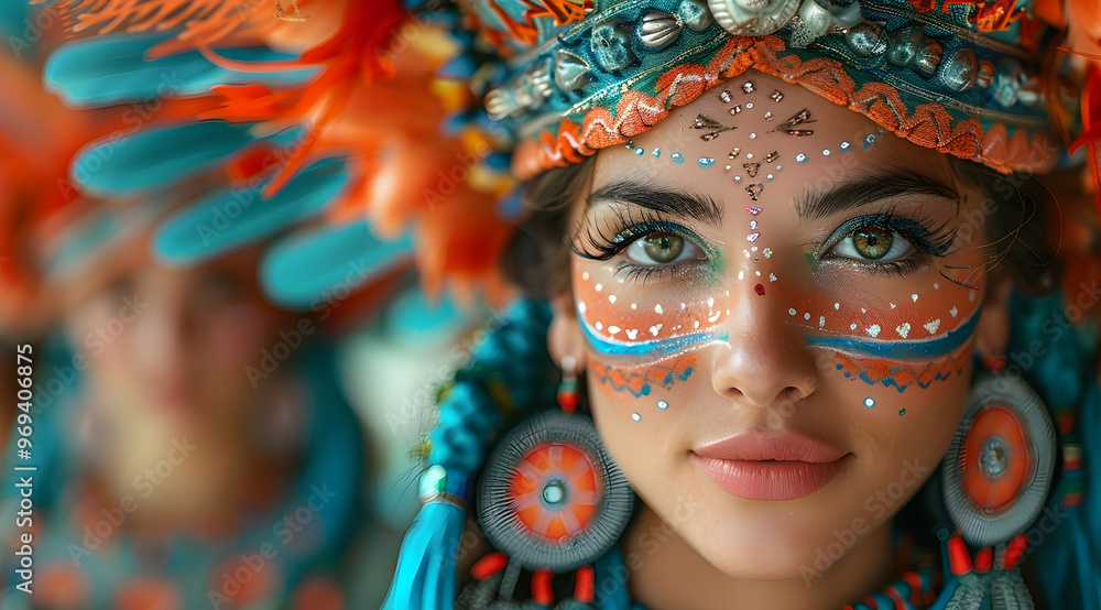 Woman with Colorful Face Paint and Headpiece - Illustration Woman with Colorful Face Paint and Headpiece - Illustration