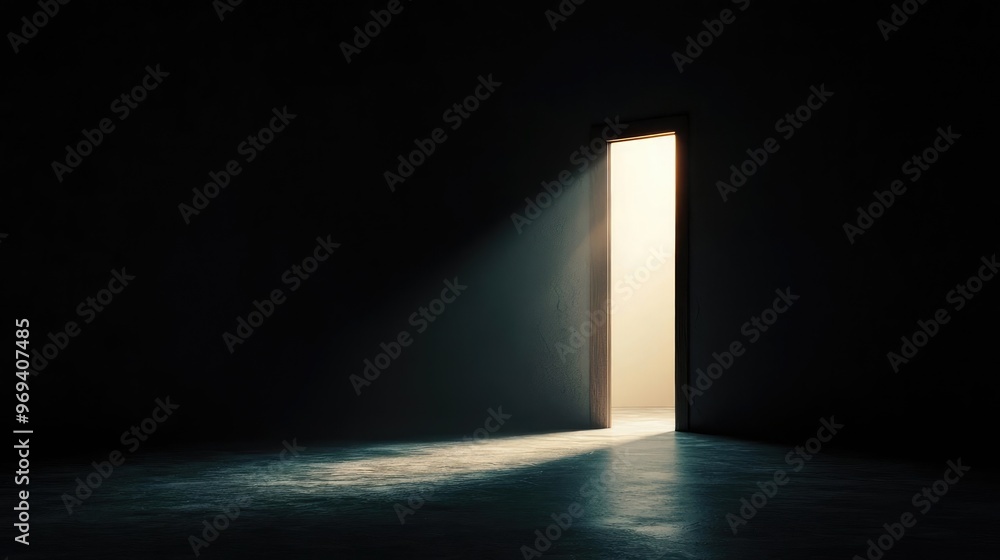 A mysterious door opening into darkness, casting light and shadows, symbolizing opportunity and unknown potential. A mysterious door opening into darkness, casting light and shadows, symbolizing opportunity and unknown potential.