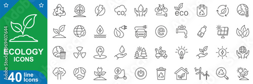 Ecology line icons set. Recycling, water, tree, vehicle, Eco-Friendly, sustainability, pollution, farming, wind, energy and more. vector illustrator.