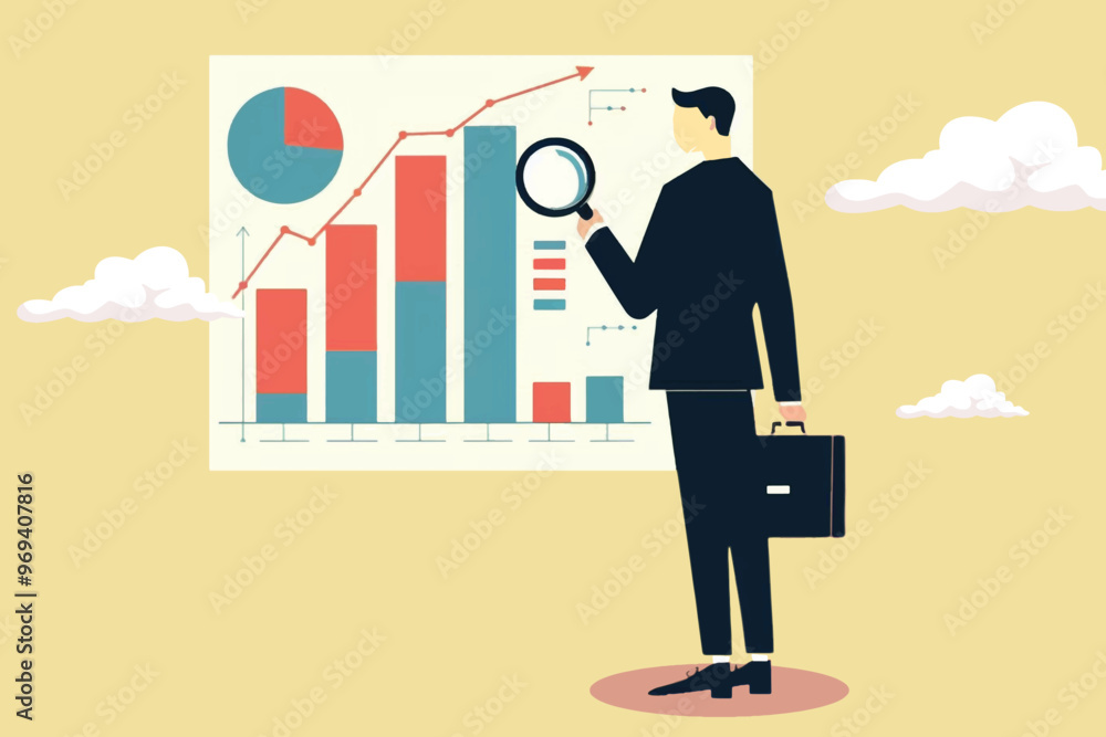 Obraz premium illustration of a businessman holding a magnifying glass while looking at a graph of company revenue and sales