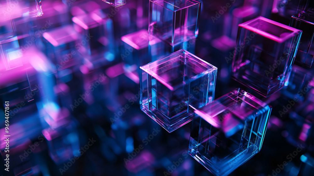 A dynamic and abstract arrangement of glass or transparent rectangular blocks. These blocks are suspended in mid-air, creating a sense of depth and three-dimensionality. A dynamic and abstract arrangement of glass or transparent rectangular blocks. These blocks are suspended in mid-air, creating a sense of depth and three-dimensionality.