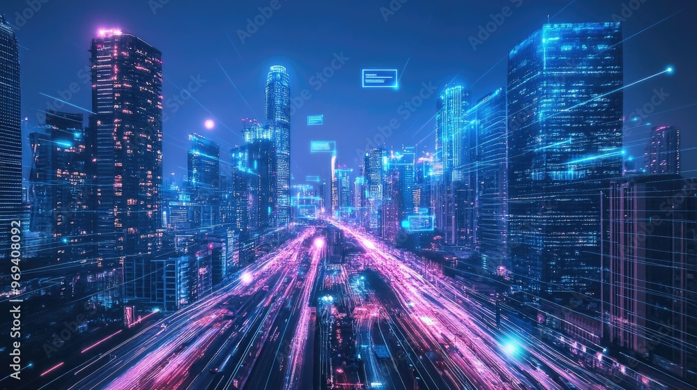 Fototapeta premium A futuristic cityscape with creative digital elements, like floating holograms and augmented reality displays