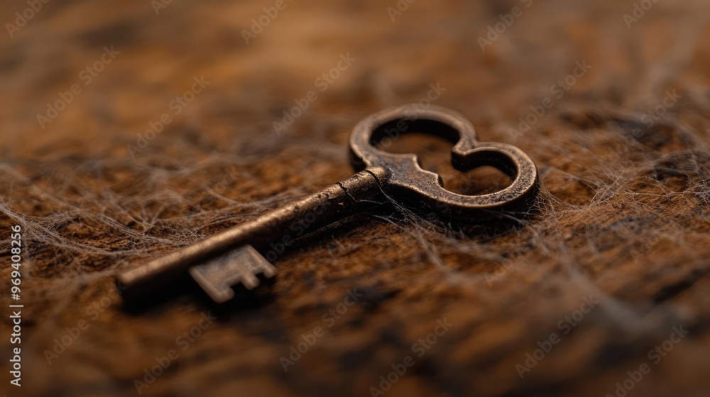 Close-up of an antique key on wooden surface, showcasing its intricate details and vintage charm, perfect for thematic projects. Close-up of an antique key on wooden surface, showcasing its intricate details and vintage charm, perfect for thematic projects.