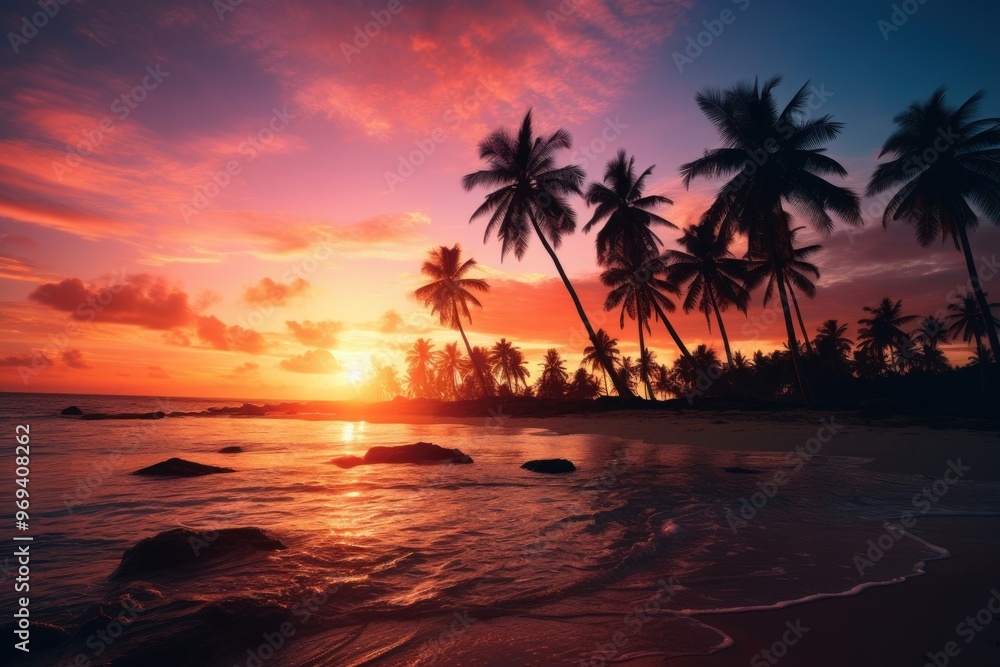 Palm trees sunset beach landscape. Palm trees sunset beach landscape.