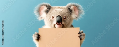 Cute koala holding a blank sign, perfect for your message. photo