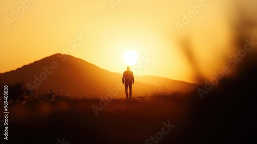 A silhouette of a person standing against a breathtaking sunset, symbolizing tranquility and introspection in nature.