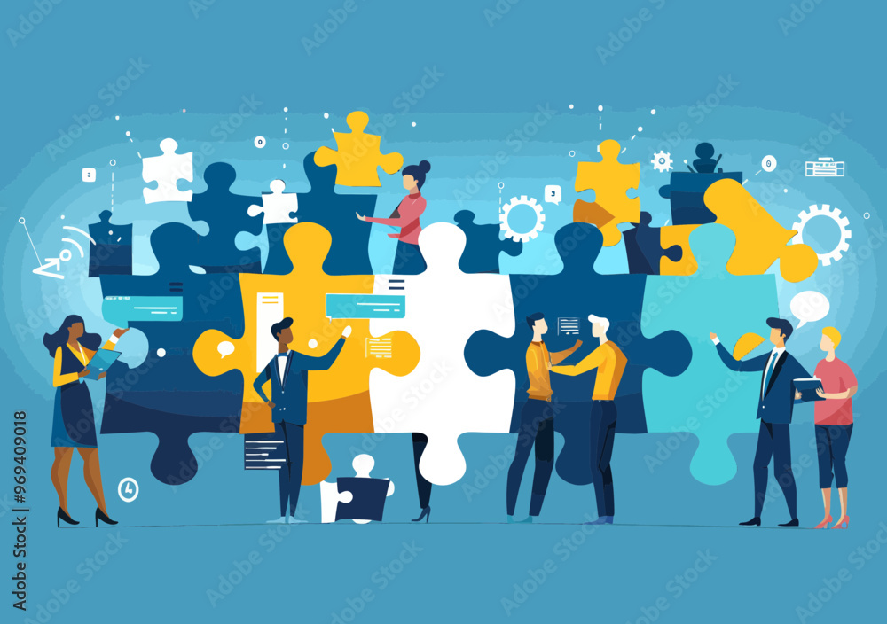 Creative Team Collaboration Solving Business Challenges: Experts in Web, Advertising, HR, and Accounting with Puzzle Elements Vector Illustration Creative Team Collaboration Solving Business Challenges: Experts in Web, Advertising, HR, and Accounting with Puzzle Elements Vector Illustration