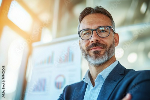 Confident businessman in glasses standing in office with charts, showcasing professional growth and success in corporate environment.