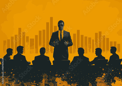 Business Growth Strategy Meeting with Leader Presenting to Executives, Bar Chart Backdrop, Corporate Planning, Team Collaboration, Vector Illustration, Minimalistic Style, Yellow Background