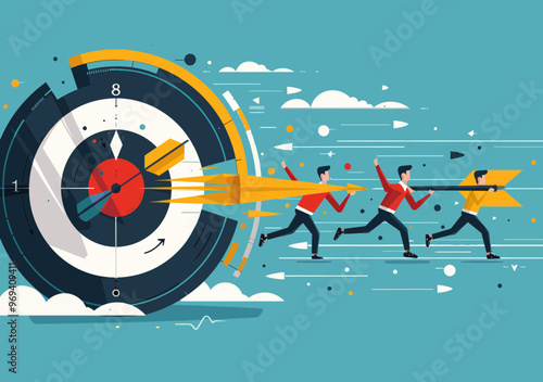 Business Competition Concept with Running Figures and a Target Depicting Goals and Achievements, Modern Minimalistic Vector Illustration