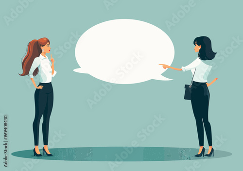 Female Manager Pointing Speech Bubble for Announcement in Business Meeting, Vector Illustration Depicting Professional Women with Space for Custom Text, Minimalist Corporate Communication Artwork