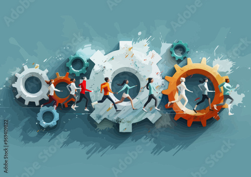 Business People Running in Machine Gears, Conceptual Illustration of Corporate Mechanism and Productivity, Abstract Art Depicting Workforce Movement, Teamwork Dynamics in Business Environment