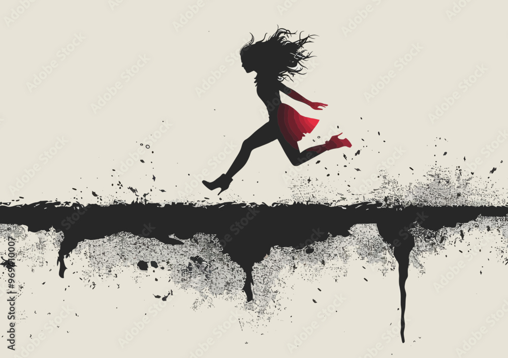 Dynamic Businesswoman Jumping Over Gap Illustration, Overcoming Obstacles Concept, Minimalistic Vector Art, Woman Leaping Fearlessly, Abstract Business Challenge, Empowerment Theme