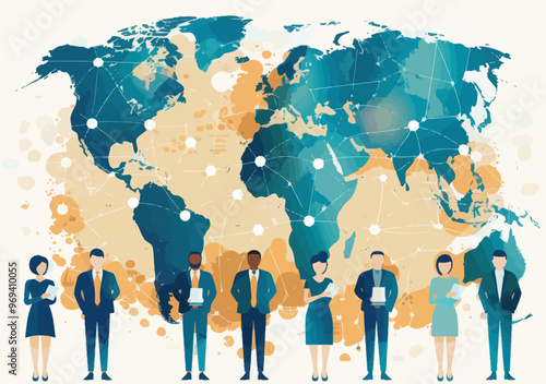 Global Business Team Network Illustration, Minimalist Vector Art of Professionals and World Map, International Collaboration and Connectivity Concept