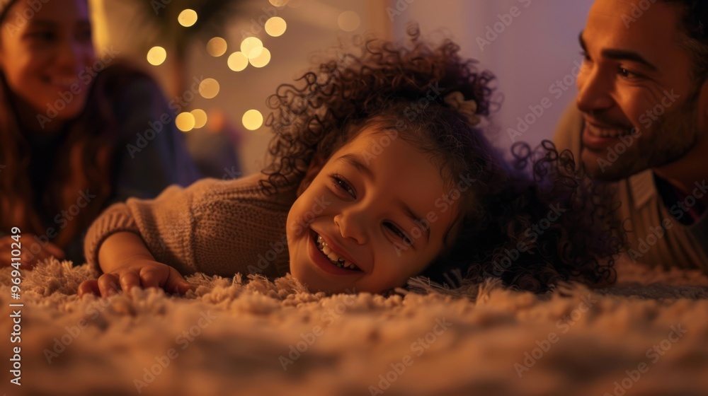 Joyful Family Moment: A Little Girl Laughs on the Carpet While Parents Watch with Love and Happiness Joyful Family Moment: A Little Girl Laughs on the Carpet While Parents Watch with Love and Happiness