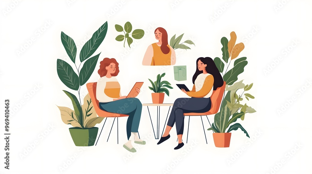 Three women sitting in chairs, one of them reading a book Three women sitting in chairs, one of them reading a book