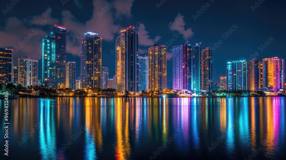 Fototapeta premium A modern city skyline illuminated at night with colorful lights reflecting in the water, showing vibrant urban life