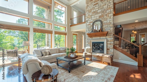 Wallpaper Mural Spacious Living Room with Stone Fireplace and Large Windows Torontodigital.ca