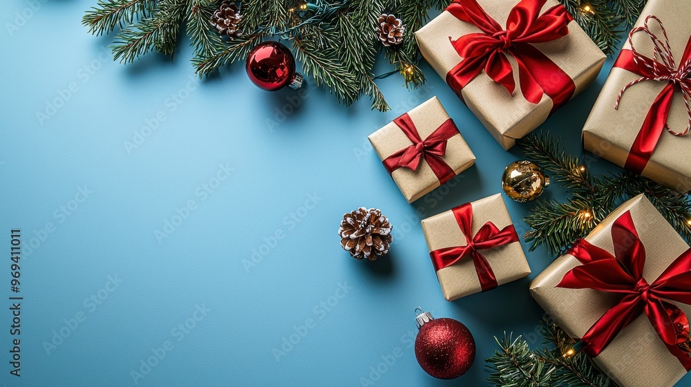 Christmas Holiday Gifts and Pine Tree on Blue Background Christmas Holiday Gifts and Pine Tree on Blue Background