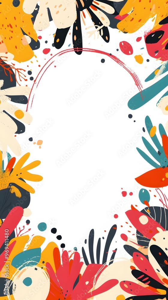 Naklejka premium Abstract Floral Frame Background with Colorful Shapes and White Copy Space