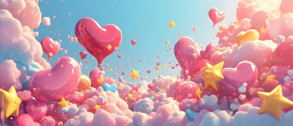 Fototapeta premium Pink Heart Balloons and Stars in Clouds