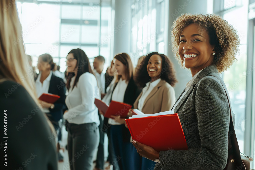 A diverse group of business professionals stand in a line, holding folders, with a smiling woman looking directly at the camera. A diverse group of business professionals stand in a line, holding folders, with a smiling woman looking directly at the camera.
