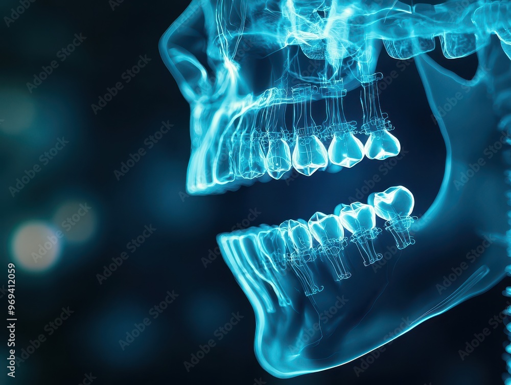 Close-up of a human skull x-ray showing detailed jawbone and teeth in a ...