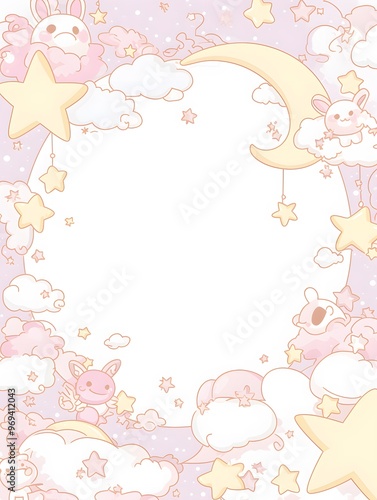 Cute Cartoon Animals Sleeping on Clouds with Stars and Moon