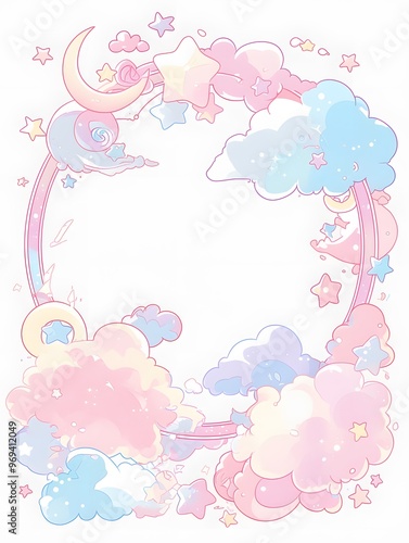 Cute Cartoon Clouds Stars Moon Pastel Frame Border