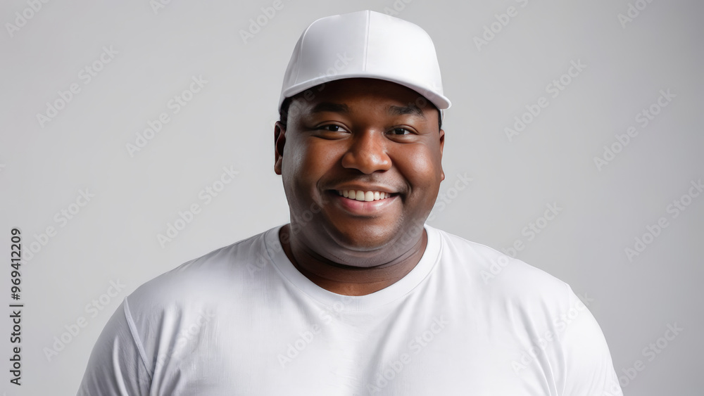 Plus size black man wearing white t-shirt and white baseball cap isolated on grey background Plus size black man wearing white t-shirt and white baseball cap isolated on grey background