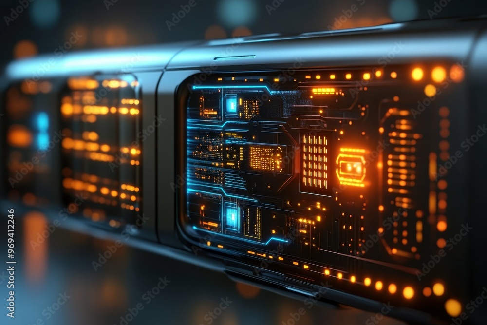 High Speed Networking. Advanced computer server hardware close-up displaying glowing circuit boards and processors, perfect for technology, data center, IT, cybersecurity, futuristic, innovation, and High Speed Networking. Advanced computer server hardware close-up displaying glowing circuit boards and processors, perfect for technology, data center, IT, cybersecurity, futuristic, innovation, and