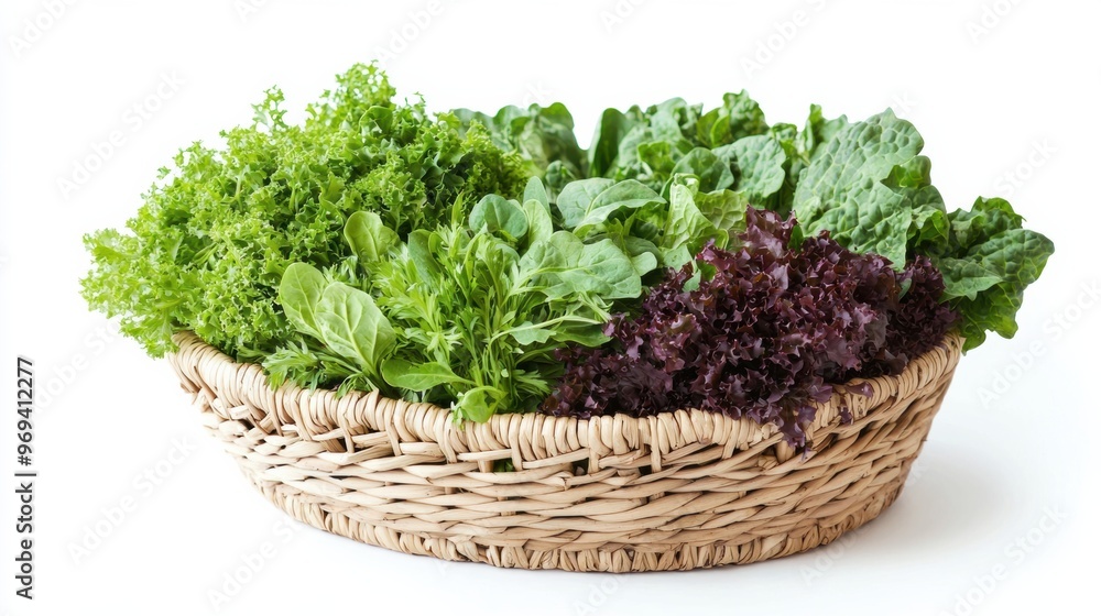 Assortment of Fresh Organic Leafy Greens in a Wicker Basket