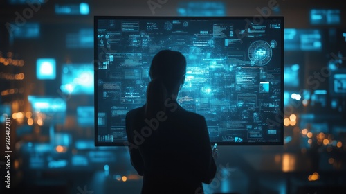 Woman Analyzing Data on a Large Digital Screen