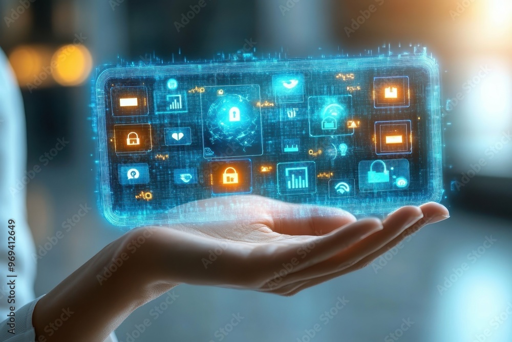 A hologram displaying multiple layers of hacked accounts each one showing different vulnerabilities in security. A hologram displaying multiple layers of hacked accounts each one showing different vulnerabilities in security.