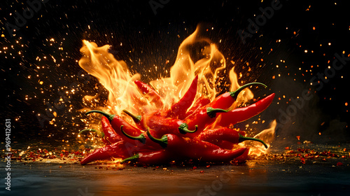 fiery burst surrounding hot chili peppers, flames erupting from their tips in a dynamic, explosive display of spice photo