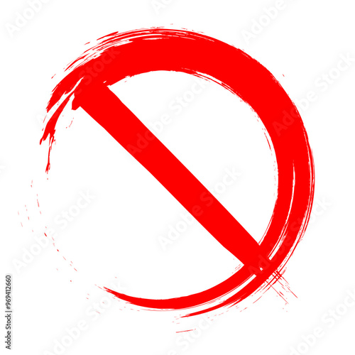 No, stop, warning, red crossed circle. Denial, not allowed, icon for web. Prohibited, refusal sign for design. Symbol Forbidden isolated on white background, vector illustration. Rough brush grunge